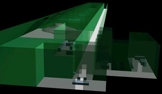 Une vue simulée de l'engin dans un hangar de S-4.